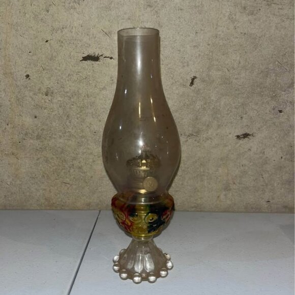 Vintage 8 3/4" Miniature Oil Lamp Clear & Red Flashed Glass Hurricane - Picture 1 of 2